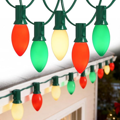 Red Green White LED Christmas Lights,25FT Waterproof C9 Multicolor Christmas Lights Outdoor with 26 Shatterproof Bulbs,Commercial Hanging Xmas Light for Roof Patio Balcony Party Xmas Decor