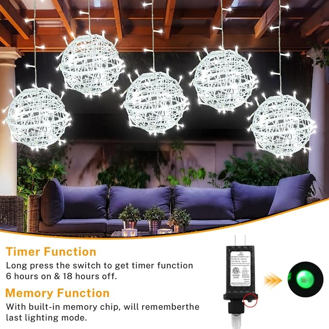 SenLuKit Outdoor Christmas Balls 4 Pack Hanging 11.8" LED Garden Sphere Tree Lights 8 Modes Waterproof String with Memory Timer Plug for Party Yard Porch Eave Patio Home Decoration-Cool White