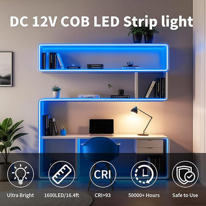 16.4FT/5m Blue COB LED Strip Light, Cuttable LED Tape Lights, 8mm Width LED Lights, CRI93+ Dimmable Flexible Light Strip for Bedroom TV Backlight Gaming Room Monitor DIY Decor(with Plug)