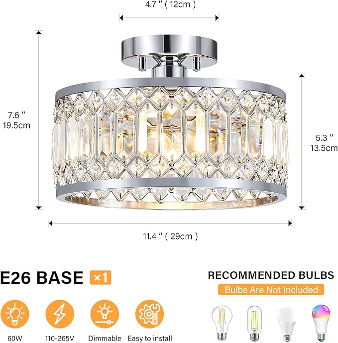 YURNYQ Crystal Ceiling Light Fixture, Modern Semi Flush Mount Ceiling Light, Chrome Lighting Fixtures Ceiling Lamp for Hallway, Kitchen, Entryway, Bedroom, Laundry Room, 1-Light, 11.4 Inch
