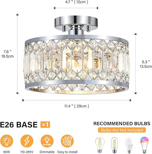 YURNYQ Crystal Ceiling Light Fixture, Modern Semi Flush Mount Ceiling Light, Chrome Lighting Fixtures Ceiling Lamp for Hallway, Kitchen, Entryway, Bedroom, Laundry Room, 1-Light, 11.4 Inch