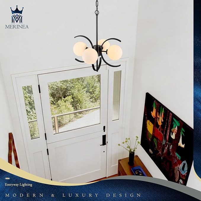 4-Light Modern Sputnik Chandelier L16.5”Small Mid Century Milk Glass Globe Ceiling Pendant Lighting Black Industrial Chandeliers for Entryway Hallway Dining Room Kitchen