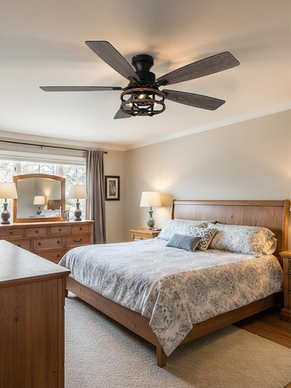 52" Farmhouse Rustic Ceiling Fan with Lights and Remote, Flush Mount Ceiling Fan Low Profile Caged Fandelier Chandelier, 5 Dual Blades Reversible DC Motor 6 Speeds for Bedroom Living Room