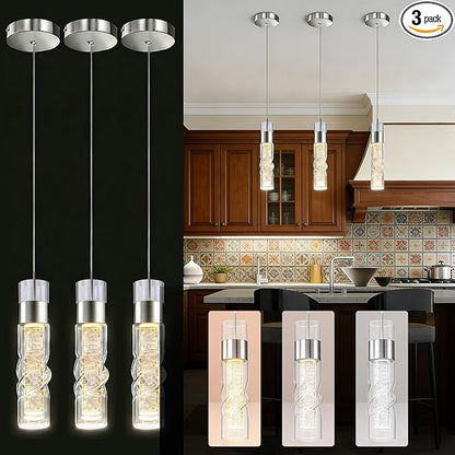 WILON Pendant Lights Kitchen Island, 24W Modern Kitchen Island Lights Brushed Nickel, Ceiling Lighting Fixtures with Crystal Bubble, Integrated LED Hanging Light for Dining Room Restaurant(3 Pack)