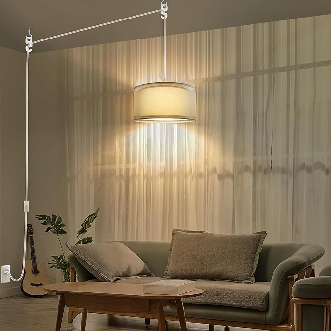 Plug in Pendant Light, 15FT White Cord Hanging Lights with Plug in Cord, Hanging Light with On/Off Switch, Double Linen Shade Fabric Design, Pendant Llight Fixture for Bedroom Restaurant Beige