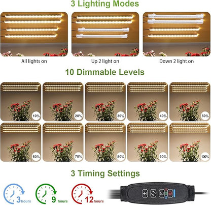 8.6'' LED Grow Light Strips, Full Spectrum 3500K Grow Lights for Indoor Plants, 4 Head with 3/9/12H Timer, 10 Dimmable Levels, Suitable for Seedling, Succulent, Plant Shelf and Greenhouse, 2-Pack