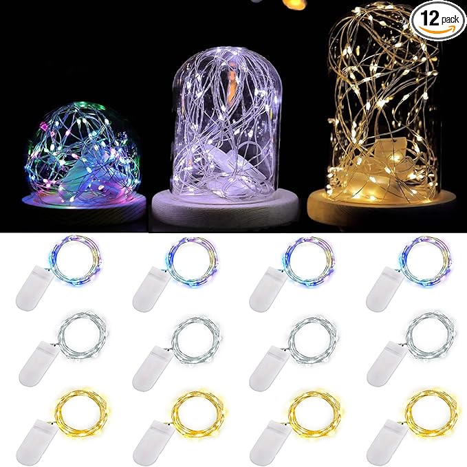Ostwiki Fairy Lights Battery Operated, 12-Pack Mini String Lights, 20 LED 7ft Twinkle Firefly Small LED Lights for Craft Mason Jars Bedroom Wedding Party Table Christmas Decoration (Mix-Colored)