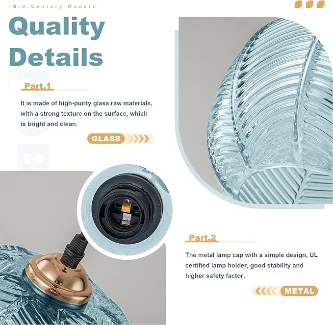 Blue Glass Plug in Pendant Light for Bathroom, Ceiling Light with 14.76ft Long Cord, Kitchen Corded Light Fixture, 8.7" Ribbed Globe, Living Room Corner Hanging Lamp that Plug into Wall Outlet