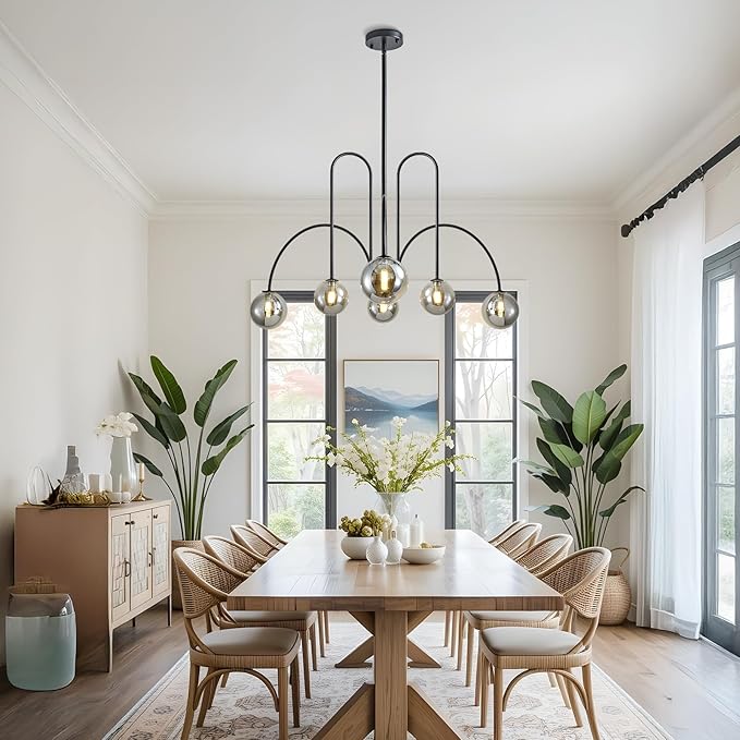Modern Black Sputnik Chandelier 6-Light Mid Century Chandelier for Dining Room with Smoke Gray Glass Globe Ceiling Pendent Light Fixture for Living Room Kitchen Island Foyer Bedroom