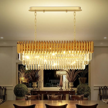 10-Light Modern Gold Crystal Chandelier, Luxury Rectangular Crystal Chandeliers for Dining Room, Kitchen Island, Living Room, Farmhouse Chandelier Lighting