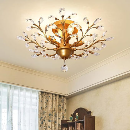 Garwarm 4-Light Vintage Crystal Chandeliers Ceiling Lights Crystal Pendant Lighting Ceiling Light Fixtures Chandeliers Lighting for Living Room Bedroom Restaurant Porch Chandelier(Golden)