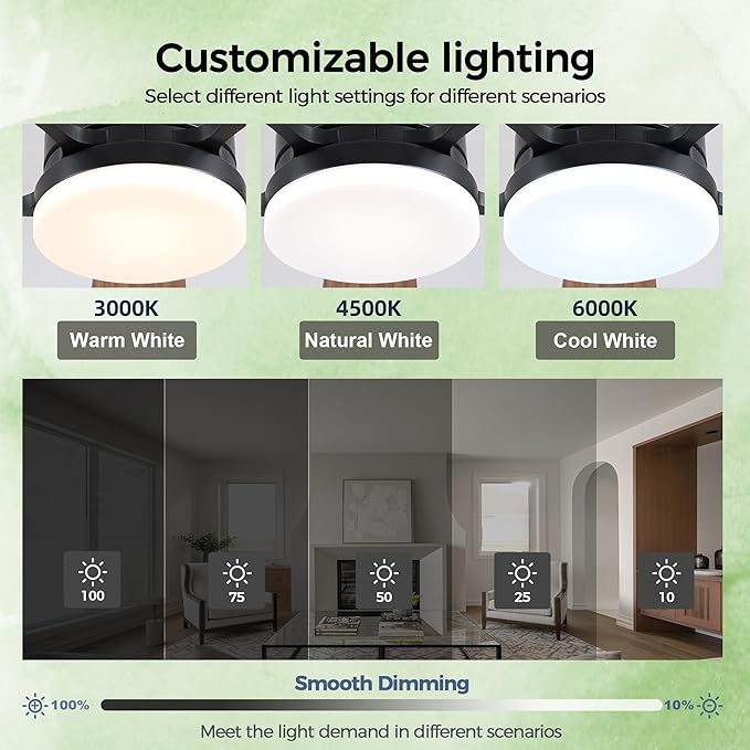 Ceiling Fans with Lights, 48 Inch Ceiling Fan with Light And Remote/APP,Low Profile Ceiling Fan with Light,DC Reversible,6 Speed Noiseless LED Ceiling Fan,Brown Small Ceiling Fan for Bedroom