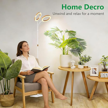 Dual Head Grow Light for Indoor Plants Full Spectrum-Floor Standing Plant Lamp with Auto Timer 6/12/18H, 5-Level Dimmable & Adjustable Height 16.5-68in for Large Tall Plants | Faux Wood Design