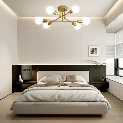 Ceiling Light Fixture, 6-Light Ceiling Light Chandelier, Modern Dinning Room Light Fixture, Sputnik Gold Light Fixtures Ceiling Mount, Semi Flush Mount Ceiling Light Fixtures for Living Room