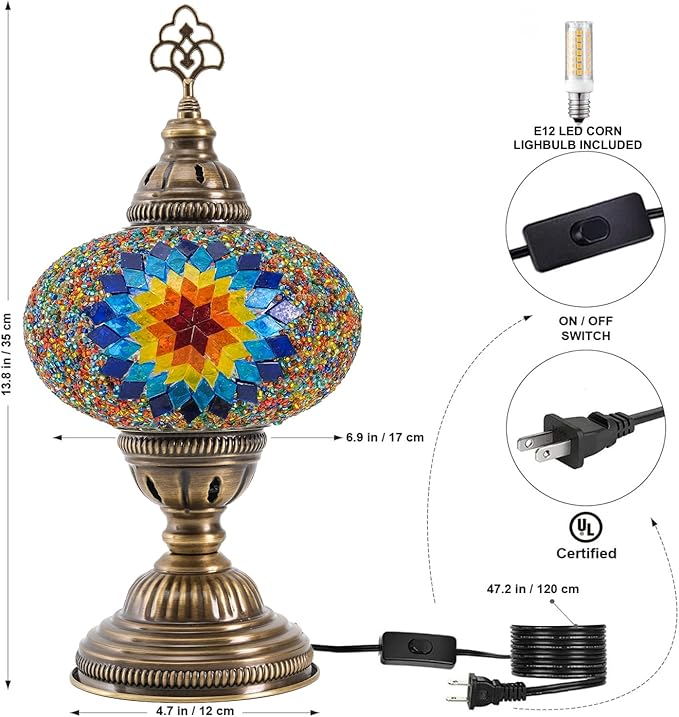 Turkish Mosaic Lamp with Bulb – Handmade Star Fire Stained Glass Table Light, Antique Bohemian Vintage Decor for Bedroom or Living Room, E12 Socket