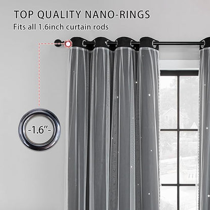 XiDi Black Curtains for Bedroom 84 Inches Long 2 Panels Set Blackout Double Layer Drapes for Nursery Kids Bedroom Star Cut Out Wall Home Decor Grommet Curtains for Living Room Darkening 34 Inch Wide