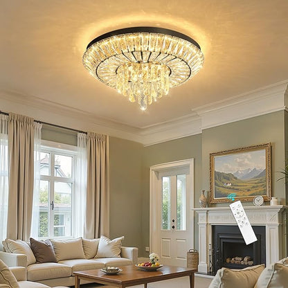 Crystal Chandelier 40W Modern Round Ceiling Light Fixture LED Raindrop Chandeliers Dimmable with Remote for Dining Room Living Room Entryway Hallway Bedroom Black