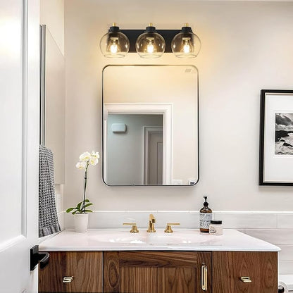 Tuscarora 3 Light Bathroom Vanity Light, Black and Gold Bathroom Light Fixtures Over Mirror, Modern Vanity Light with Clear Glass Shade, Black Wall Sconce for Mirror