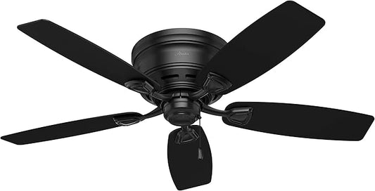Hunter 48 inch Outdoor or Indoor Ceiling Fan No Light - Low Profile Flush Mount, Black Ceiling Fan without Light, For Patio, Porch, Garage, or Living Room, 5 Blades - Sea Wind 53118, Matte Black