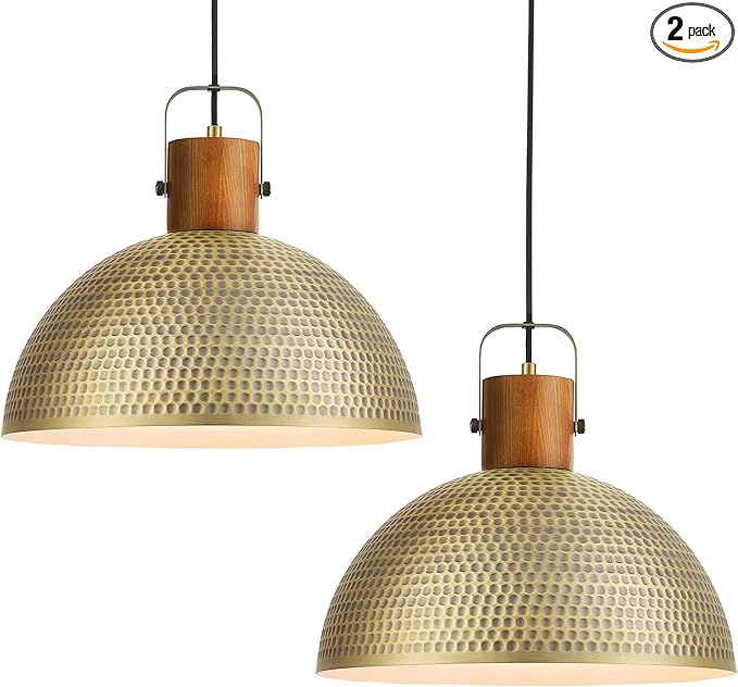 ELYONA 2 Pack Large Hammered Pendant Light Fixtures, 16 Inch Ash Wood Vintage Dome Hanging Lamp, Antique Gold Mid Century Pendant Lighting for Kitchen Island, Farmhouse, Dining Room, Brushed Brass