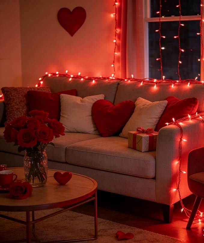 350LED 90FT Valentine Lights Indoor Outdoor, 12 Modes Red Valentines Day Decorations with Timer Dimmable, Waterproof Green Wire Christmas Lights for Tree Xmas Patio Fence Balcony Garden Party