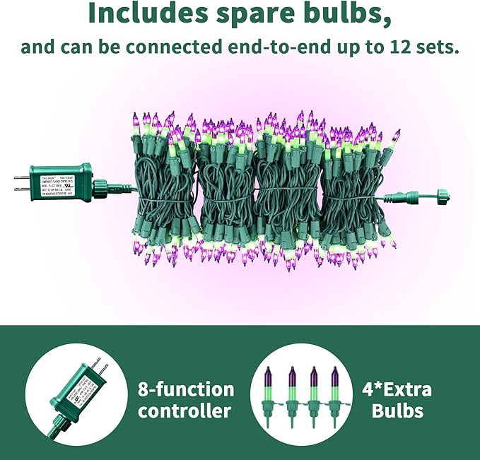 Christmas200-Count Mini Purple & Green String LightsUL-Certified, Equipped with 8 Lighting Modes, Perfect for patios, Fences and Holiday Occasions.(40ft)