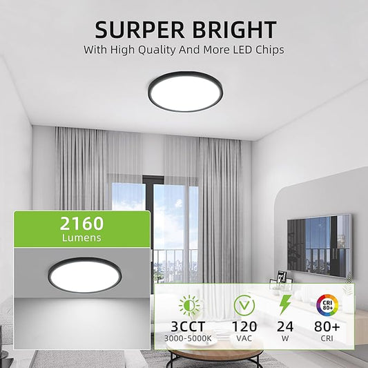 hykolity 12 Inch Selectable CCT LED Round Flat Panel Light, 24W 3000K/4000K/5000K, Edge-Lit Flush Mount Ceiling Light Fixture for Kitchen, Bedroom, Laundry and Closet Room, Black
