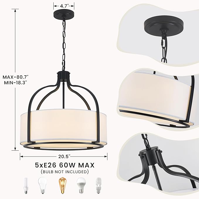 20.5'' Modern Black Drum Chandelier, 5-Light Large Farmhouse Chandeliers for Dining Room Hanging Light Fixture Drum Pendant Light with White Fabric Shade for Kitchen Living Room Foyer Entryway Bedroom