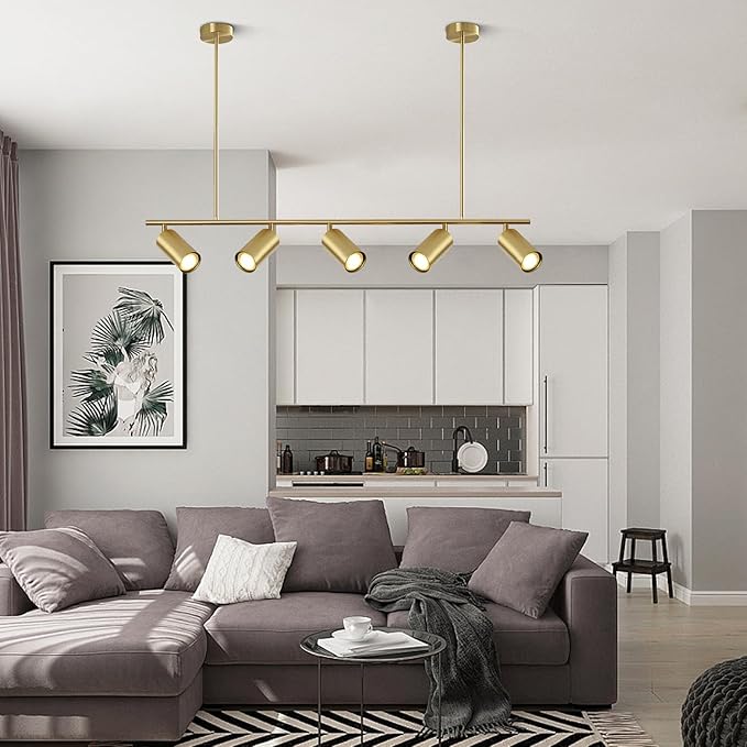 BOKT Brass Gold 5-Light Track Lighting Pendant Mid Century Modern LED Hanging Track Lighting Kit Vanity Linear Track Lighting Kitchen Island Adjustable Spot Light Ceiling