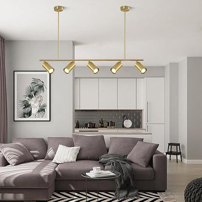 BOKT Brass Gold 5-Light Track Lighting Pendant Mid Century Modern LED Hanging Track Lighting Kit Vanity Linear Track Lighting Kitchen Island Adjustable Spot Light Ceiling