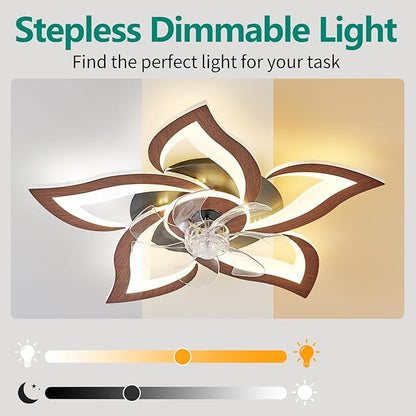 24" Wood Geometric Ceiling Fan with Lights Remote Control, Low Profile Ceiling Fan with Light for Kitchen Bedroom Living Room