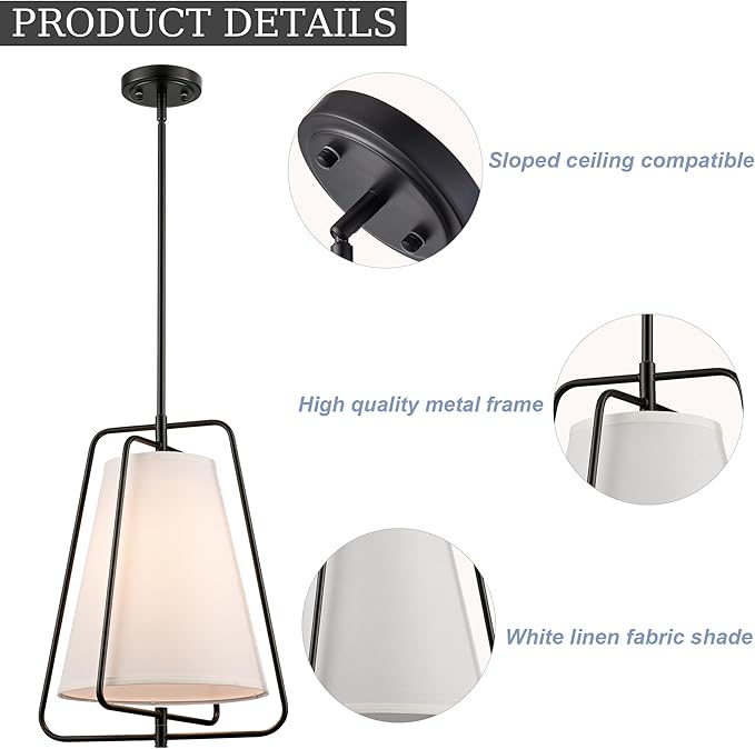 HYDELITE Vintage Black Pendant Light with 15" Off-White Linen Fabric Shade Adjustable Height Chandelier with Metal Frame for Kitchen Island Bedroom Dining Room Living Room