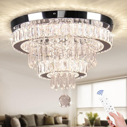 Crystal Chandeliers Modern Crystal Chandelier Flush Mount Ceiling Light Fixture with Remote Control for Bedroom Dining Room Living Room (16 inch Dimmable)