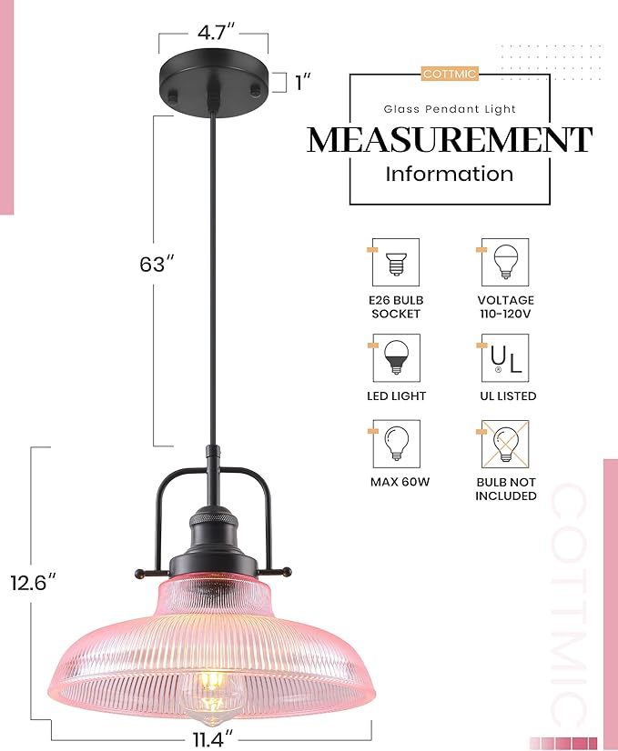 Pink Glass Pendant Lights Kitchen Island 1 Pack, 12-inch Ribbed Glass Kitchen Pendant Lights, Farmhouse Pendant Lighting Over Island, Sink, Bar, Vintage Pendant Light for Dining Room