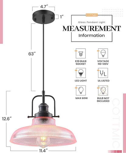 Pink Glass Pendant Lights Kitchen Island 1 Pack, 12-inch Ribbed Glass Kitchen Pendant Lights, Farmhouse Pendant Lighting Over Island, Sink, Bar, Vintage Pendant Light for Dining Room