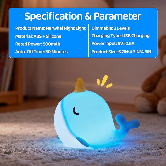 Cute Narwhal Night Light Lamp, 7 Colors Touchable Squishy LED Light, USB Rechargeable Silicone Nursery Whale Night Lamp for Room Decor Birthday Gift for Toddler Women Adult