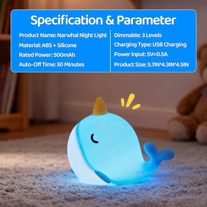 Cute Narwhal Night Light Lamp, 7 Colors Touchable Squishy LED Light, USB Rechargeable Silicone Nursery Whale Night Lamp for Room Decor Birthday Gift for Toddler Women Adult