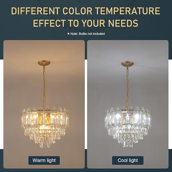 20" Gold Crystal Chandelier Modern 9-Light Luxury Chandelier Light Fixtures 5 Tiers K9 Crystal Round Lighting for Dining Room Bedroom Kitchen Island Living Room Foyer Entryway, E12