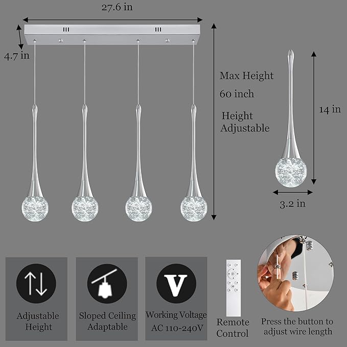 Modern Chrome Crystal Chandelier for Kitchen Island 4-Lights, Luxury Retangular Dimmable LED Bubble Raindrop Pendant Lighting Fixture for Dining Room Foyer Entryway Bedroom