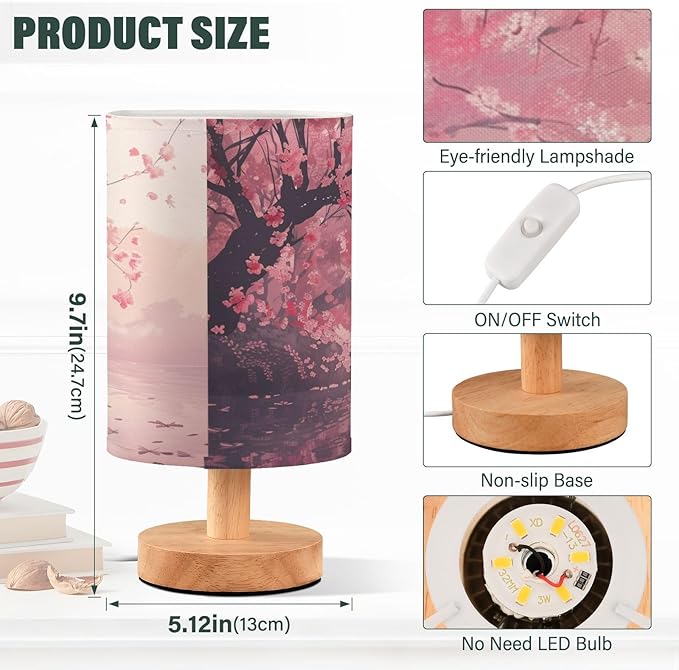 Bedside Table Lamp Cherry Blossom Pink Floral Flower Nightstand Lamp with Wood Desk Lamps for Bedroom Living Room Nursery Office Home Decor