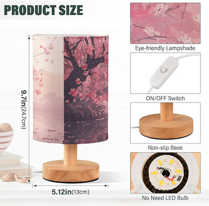 Bedside Table Lamp Cherry Blossom Pink Floral Flower Nightstand Lamp with Wood Desk Lamps for Bedroom Living Room Nursery Office Home Decor