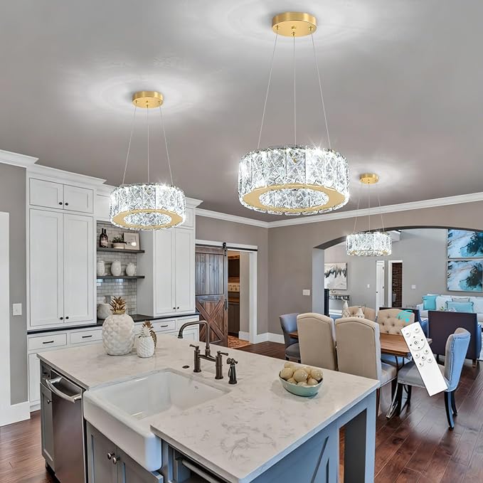 Modern Crystal Chandelier 8W Dimmable LED Crystal Pendant Light Fixtures Height Adjustable Round Gold Chandeliers for Dining Room Hallway Bedroom