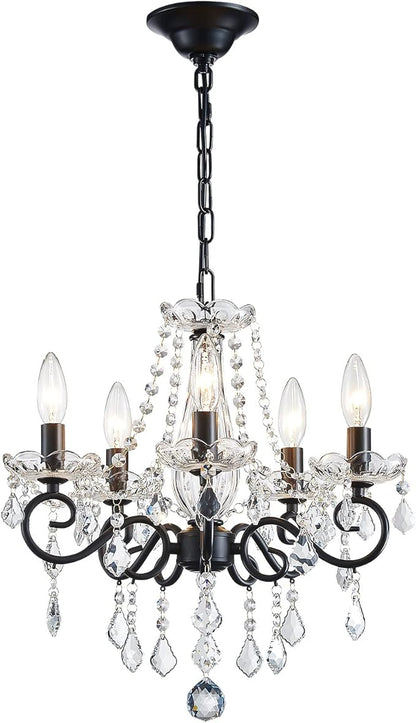 ANJIADENGSHI Small Crystal Chandelier, Modern Black Chandelier Dining Room Light Fixture, Mini Crystal Pendant Light for Bedroom Ceiling Light Fixture for Living Room Entryway Kitchen Island Hallway