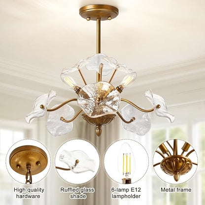 Luvkczc Modern Gold Chandelier,Vintage Brass Flower Glass Pendant Light Fixture,Mid Century Ceiling Light Fixture for Dining Room, Kitchen, Living Room, Bedroom Hallway Porch,3 Lights