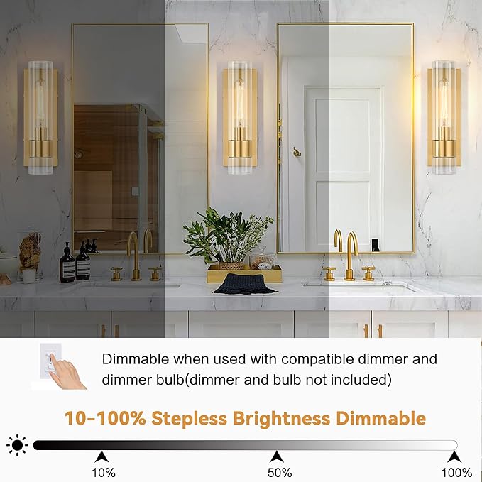 Gold Wall Sconces Set of 2, Modern Bathroom Sconces Wall Lighting Vanity Light Fixtures with Clear Glass, Bathroom Sconces Set of 2, Indoor Wall Sconce for Bathroom Living Room Bedroom