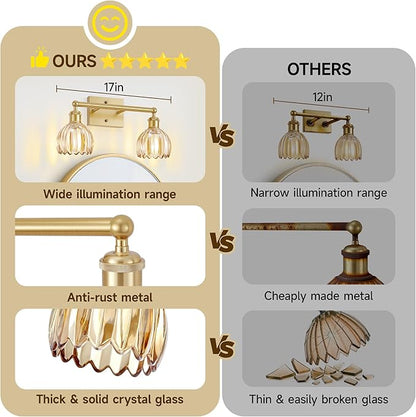 2 Light Bathroom Vanity Lights Over Mirror,Vintage Wall Sconce,Antique Brass Bathroom Light Fixtures,Tulip Sconces Wall Lighting with Amber Thick Glass Shade for Bedroom Living Room, E26 Base