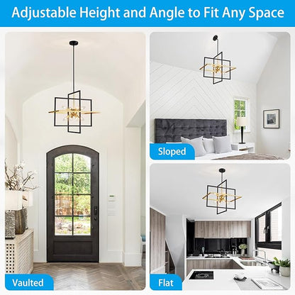 XINGQI 22" Rustic Geometric Pendant Lighting 8-Light Black and Gold Farmhouse Chandelier Ceiling Light Fixtures for Dining Room Living Room Kitchen Island Bedroom Hallway