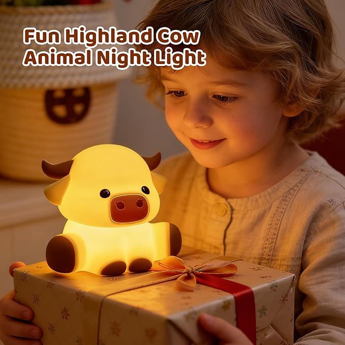 Cute Highland Cow Rechargeable Night Light, LED Touch Silicone Lamp for Bedroom with 7 Colors Timer and Dimmable Squishy Warm Light Night Lights, Animal Lamp for Bedroom Birthday Gift