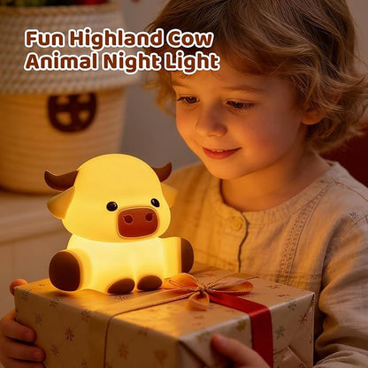 Cute Highland Cow Rechargeable Night Light, LED Touch Silicone Lamp for Bedroom with 7 Colors Timer and Dimmable Squishy Warm Light Night Lights, Animal Lamp for Bedroom Birthday Gift