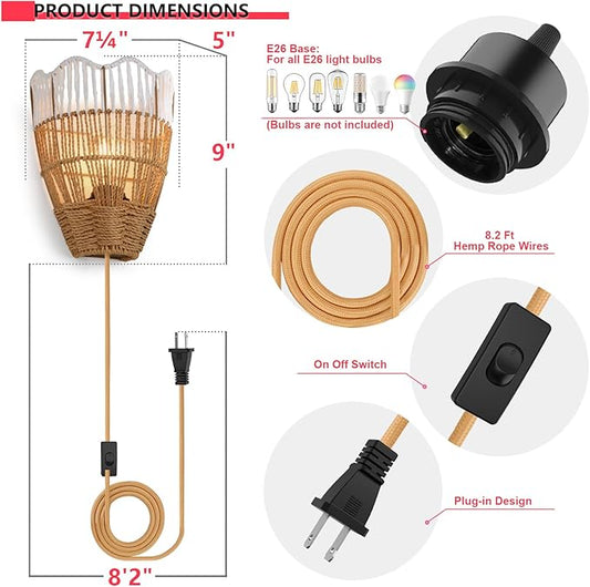 Plug-in Boho Wall Sconces Set of 2, Handwoven Rattan Wall Lights with On/Off Switch, Bohemian Light Fixtures for Bedroom, Living Room & Entryway